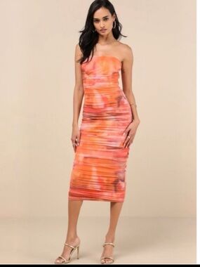 NWT Lulus Elegant Strapless Fitted Midi Orange Swirl Pattern Dress Sz Ex Large